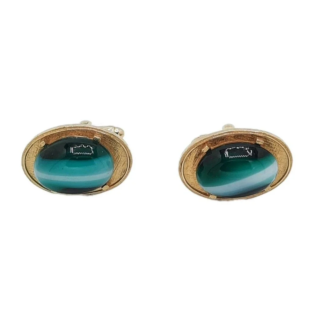 Vintage DANTE Cufflinks Green White Swirl Cats Eye Oval Cabochon Gold Tone